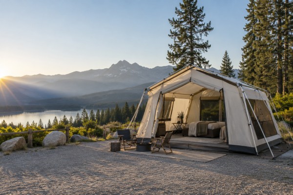 Camping tent set up at a developed campsite for Tent Lifespan: Step-by-Step Tent Care Guide