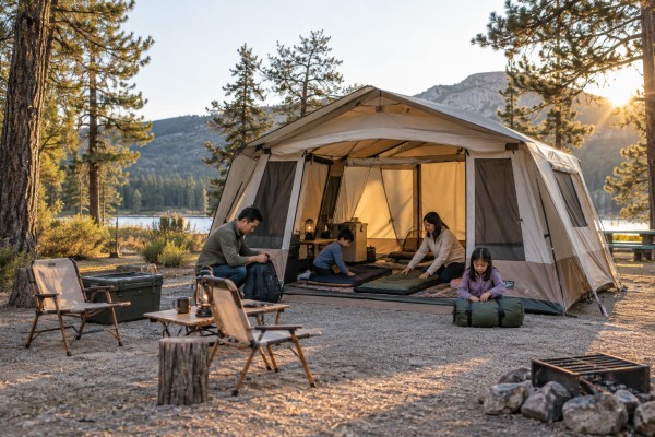 Asian family preparing a spacious tent at a campground for Large Family Tent: Space, Comfort & Setup Guide